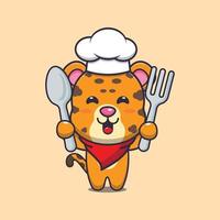 lindo personaje de dibujos animados de la mascota del chef leopardo con cuchara y tenedor vector