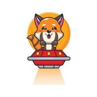 cute red panda mascot cartoon character fly with ufo vector