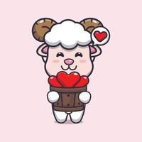 cute sheep cartoon character holding love in wood bucket vector