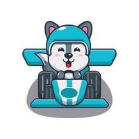 cute wolf mascot cartoon character riding race car vector