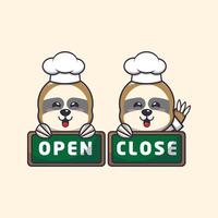 cute sloth chef mascot cartoon character with open and close board vector