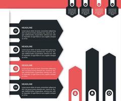 elementos infográficos de negocios, 1, 2, 3, 4 etiquetas, pasos, escala de tiempo, flechas de crecimiento en negro y rojo, ilustración vectorial vector