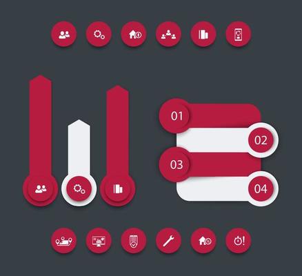 business analytics, infographic elements, report design, timeline, step labels, 1 2 3 4, growth arrows, icons, red and white on gray