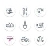 construction line icons, construction equipment and tools linear signs, pictograms, round icons set, vector illustration