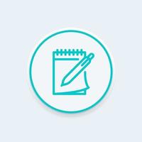 notebook and pen line icon, note, study, diary, vector illustration