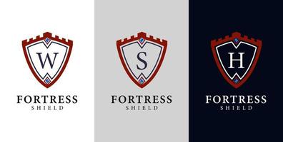 shield fortress logo. illustration of a shield with a fortress and letters in the middle vector