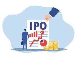 ipo, oferta pública inicial. el hombre de negocios ofrece invertir en el concepto de computadora portátil, ilustración vectorial plana. vector