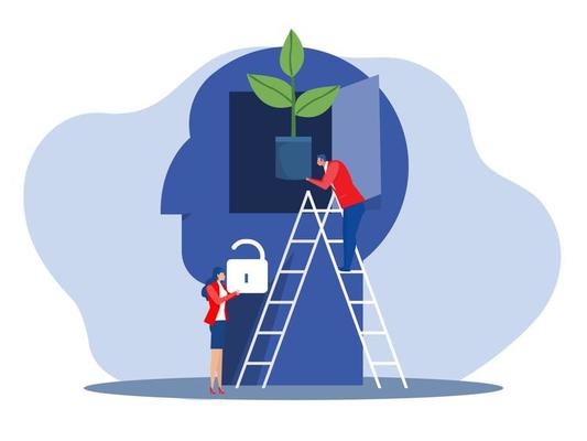 Businessman in a suit holding the tree in pot top head human chang idea Growth mindset concept vector