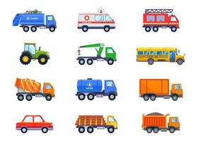 conjunto con transporte publico y de carga. taxi, camión de basura, ambulancia, tractor, furgoneta, ambulancia, furgoneta y hormigonera sobre un fondo blanco. ilustración vectorial vector