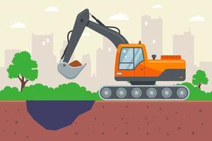 yellow excavator digs the ground at the construction site. flat vector illustration.