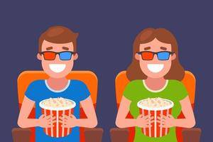 guy and girl on a date in the cinema. movie fans watch movie. flat vector illustration.