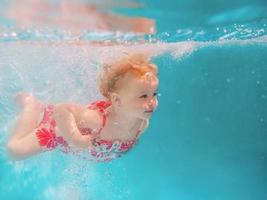 Smiling baby girl in cute modern dress diving underwater in blue swimming pool. Active lifestyle, child swimming lesson with parents. Water sports activity during family summer vacation in resort photo