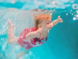 Smiling baby girl in cute modern dress diving underwater in blue swimming pool. Active lifestyle, child swimming lesson with parents. Water sports activity during family summer vacation in resort photo