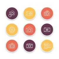 camera line icons, dslr, diaphragm, photography, camera pictogram, color round linear icon set, vector illustration