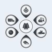 Logging icons, tree harvester, tracked feller buncher, wood, lumber, timber infographic elements, vector illustration