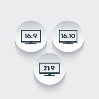 Aspect ratio icons, widescreen tv, 16 9, 16 10, 21 9 monitors vector