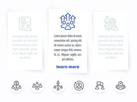 gestión de equipos, hr, personas interactuando, infografías de negocios, diseño de pancartas con iconos de línea vector