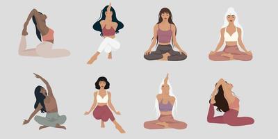 siluetas de mujeres. colección de posturas de yoga en estilos planos vector