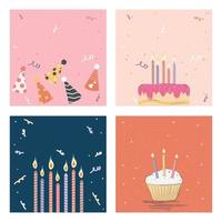 juego de tarjeta de feliz cumpleaños e invitación de fiesta con pastel y velas vector