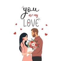A happy couple in love. Young people on Valentine's Day. Lovers celebrating a romantic date. Idea of relationship and love. Isolated vector illustration in cartoon style