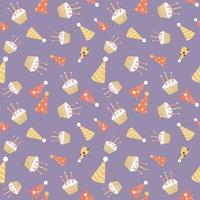 Festive seamless birthday pattern with multi-coloured hubcaps and cake
