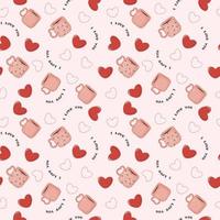 Abstract seamless pattern of hearts and cups, text. Image for a poster or cover. Repeating texture. Figure for textiles.