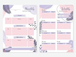 A set of planning sheets for expense recording and budgeting. Personal monthly and weekly budget planner in A4 format. Finances, income and expenses. Ready for printing. vector