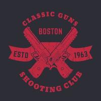 Classic Guns emblem, logo with crossed powerful pistols, guns, red print with two handguns on ribbon, vector illustration
