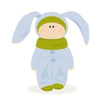 A boy in a blue warm winter jumpsuit with long rabbit ears. vector