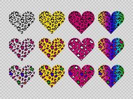 corazones de textura de leopardo multicolor. arco iris, símbolos amarillos y rosas. corazón vectorial - símbolo del amor. perfecto para el diseño de blogs, pancartas, afiches, moda, sitios web, aplicaciones, tarjetas, vector