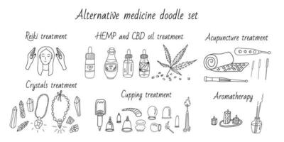 Set of alternative medicine tools. Cupping treatment, acupuncture, aromatherapy, hemp and cbd oil, reiki and crystal therapy. Doodle sketch vector illustration black outline. Wellbeing and Recovery.