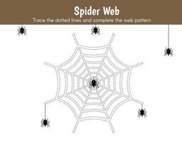 Trace and coloring activity for kids. Drawing worksheet for preschool kids with easy gaming level of difficulty, a simple educational game of spider's web with hanging spiders. vector