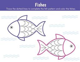 Fishes. Preschool worksheet for practicing fine motor skills. Tracing Worksheet. vector