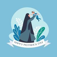 Happy mother's day. Side view of Happy mother with her son, flat design. Vector illustration