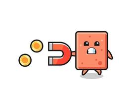 the character of brick hold a magnet to catch the gold coins vector