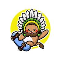 Cute indian chief playing skate board vector