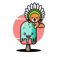 Cute indian chief fox hug ice cream cartoon vector