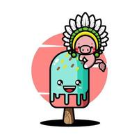 Cute indian chief pig hug ice cream cartoon vector