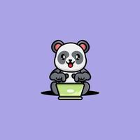 Cute panda operating laptop cartoon vector illustration