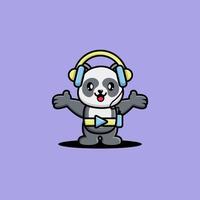 lindo panda escuchando música con ilustración de vector de dibujos animados de auriculares