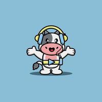 Cute cow listening music with headphone cartoon vector illustration