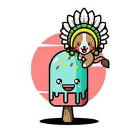 Cute indian chief cat hug ice cream cartoon vector