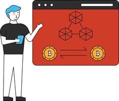 The boy is working on a bitcoin web page. vector