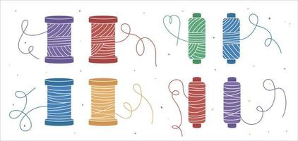 Set of different colourful icons with threads on bobbin, spool of thread, floss. Perfect for tailors, sewers, dressmakers. Vector flat illustration. Isolated on white bg.