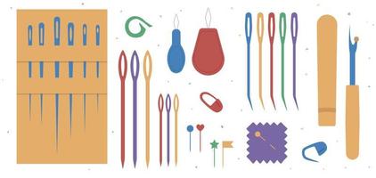 Set of colourful icons. Various needles, different markers for yarn, ripper with cap, needle threader, tissue. Vector flat illustration. Isolated on white background with dots