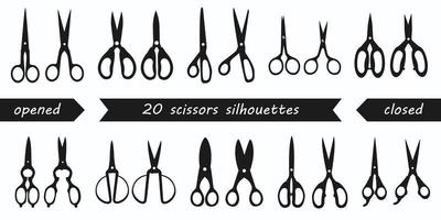 Set of 40 different flat black scissors silhouettes isolated on the white background. Opened and closed scissors. Vector illustration