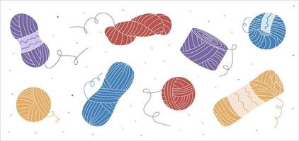 Set of colorful hand drawn balls of yarn for knitting or crocheting. Vector flat illustration