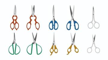 Flat set of scissors with colorful handles on white background. Open, closed cutting collection. Kids school or office supplies, tailor, barber equipment, top view vector