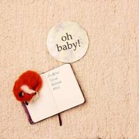 Baby card greeting with a toy, copy space photo