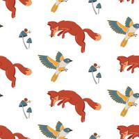 Seamless cute fox and birds vector pattern. Hand drawn doodle art with fox and birds background illustration